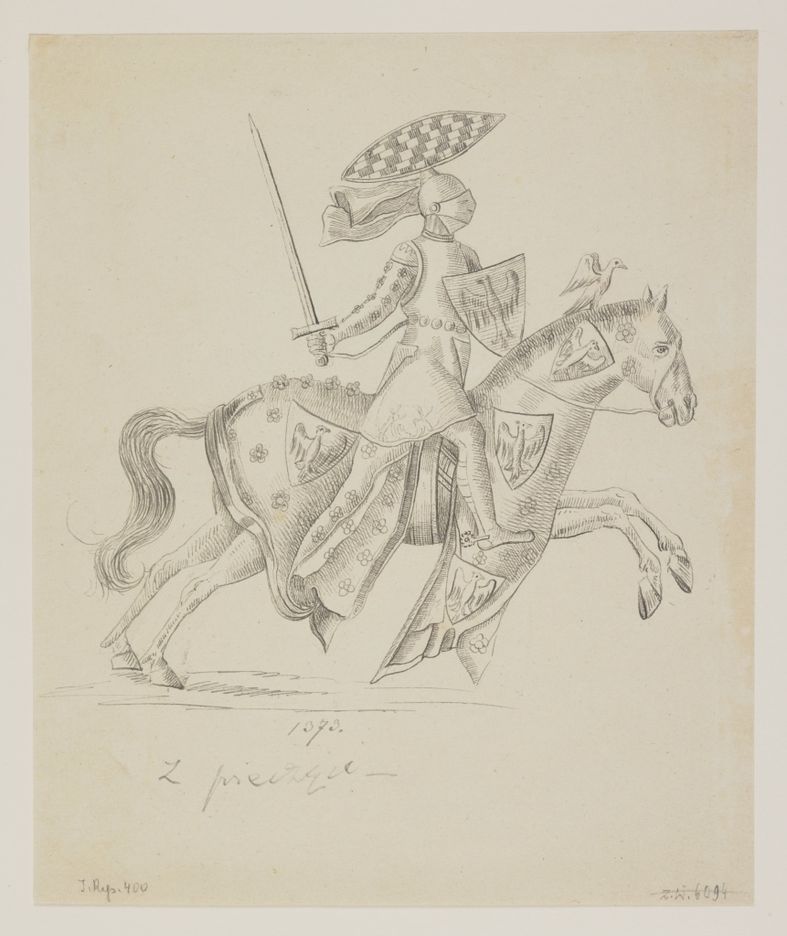 Rycerz na koniu okrytym kapą ozdobią tarczami z Orłem Białym, rysunek tuszem, przed 1867, źródło: Biblioteka Narodowa w Warszawie